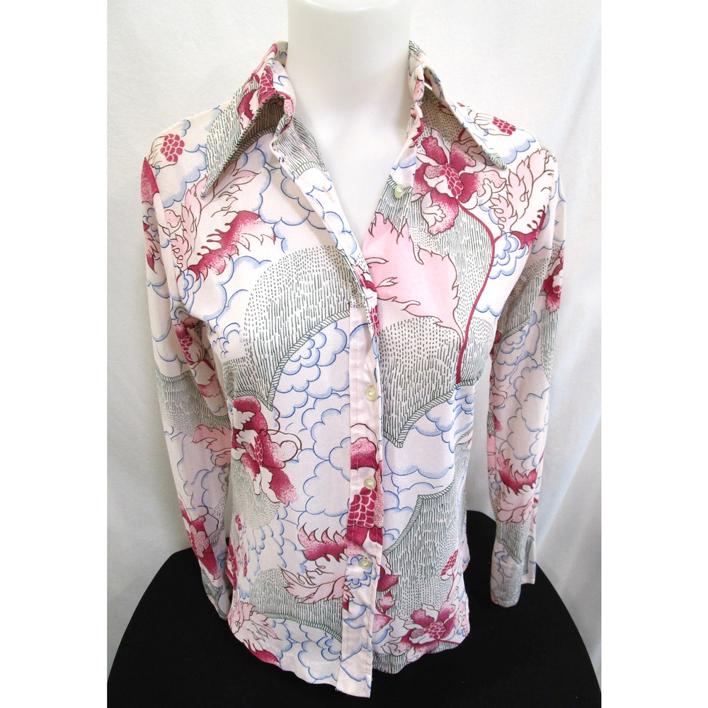 Vintage 70's Alfie Disco Psychedelic Floral Print Nylon Button Up Top Women 14